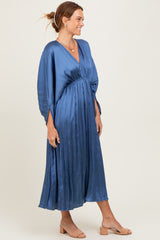 Blue Satin Pleated V-Neck Maxi Dress