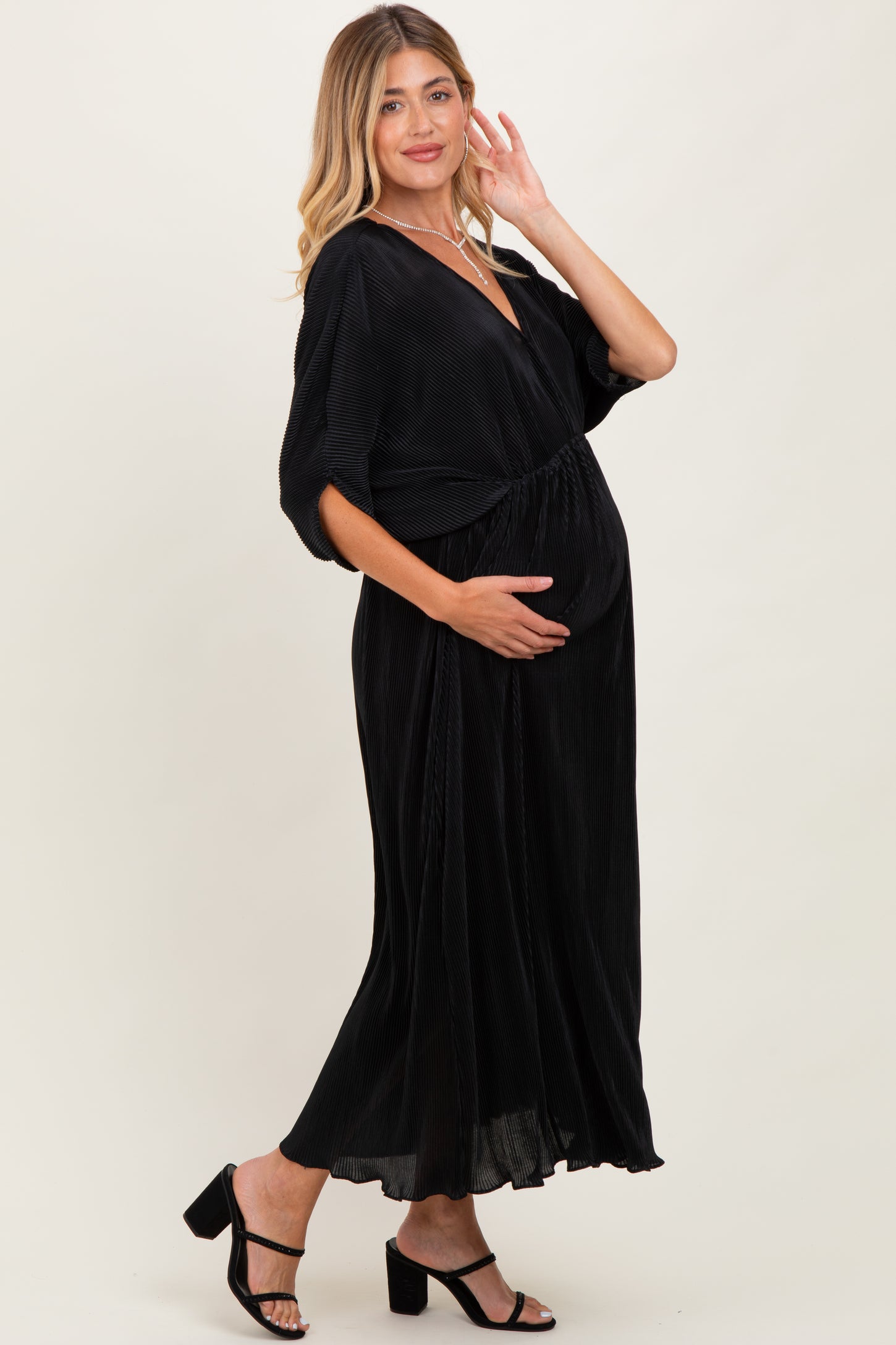 Black Pleated Satin Dolman Sleeve Maternity Maxi Dress