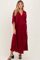 Burgundy Pleated Satin Dolman Sleeve Maternity Maxi Dress