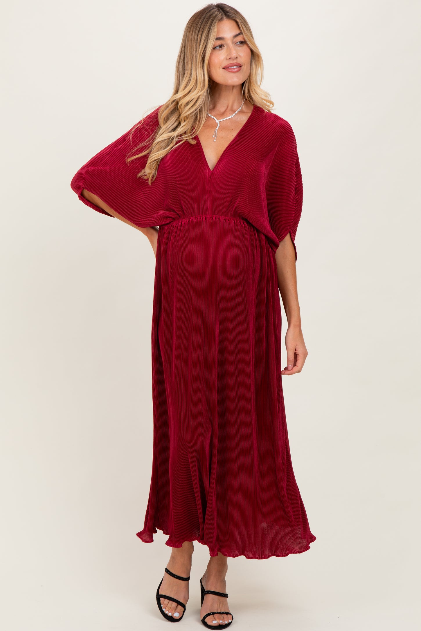Burgundy Pleated Satin Dolman Sleeve Maternity Maxi Dress