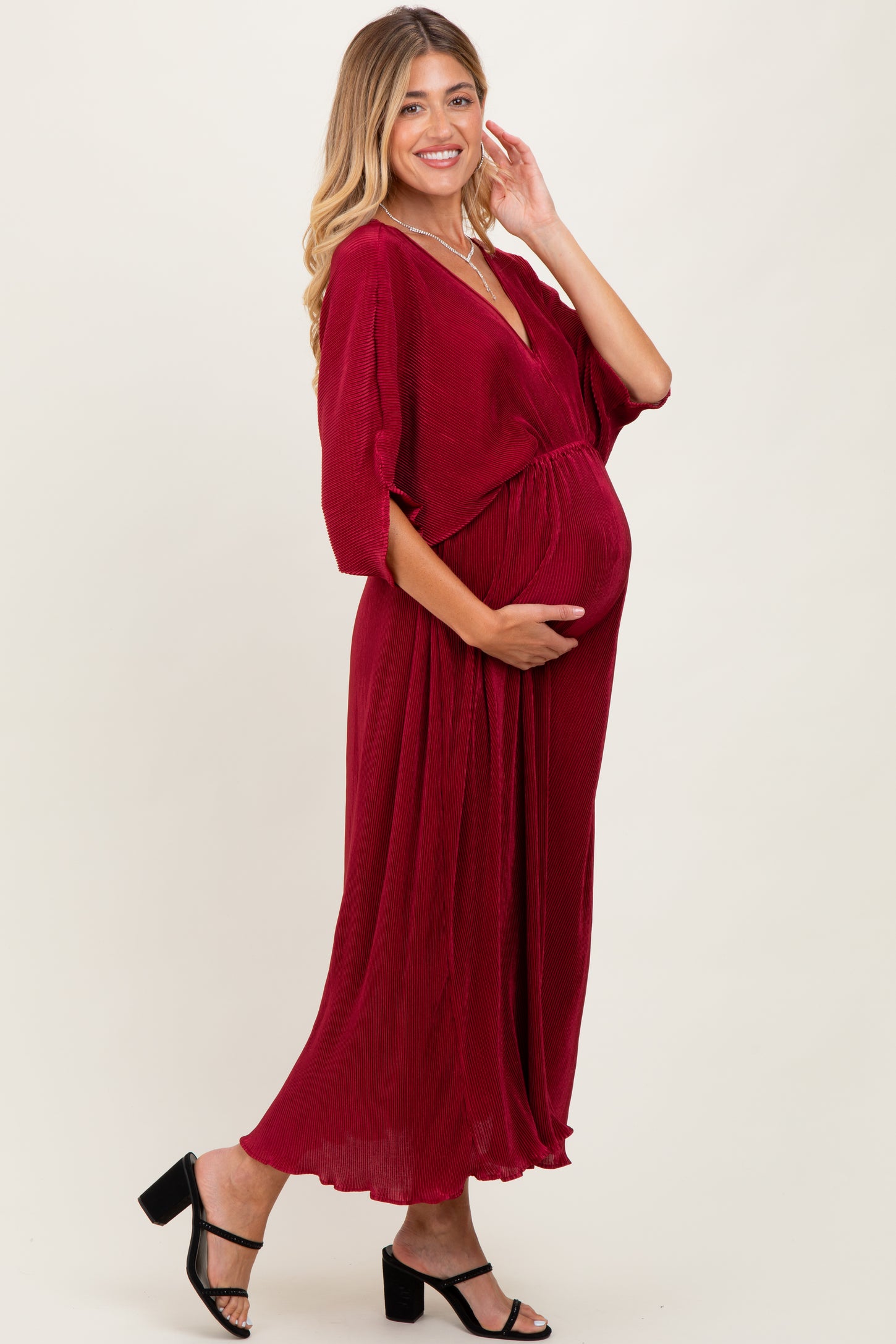 Burgundy Pleated Satin Dolman Sleeve Maternity Maxi Dress