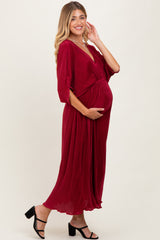 Burgundy Pleated Satin Dolman Sleeve Maternity Maxi Dress