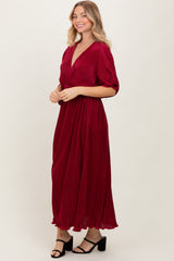 Burgundy Pleated Satin Dolman Sleeve Maxi Dress