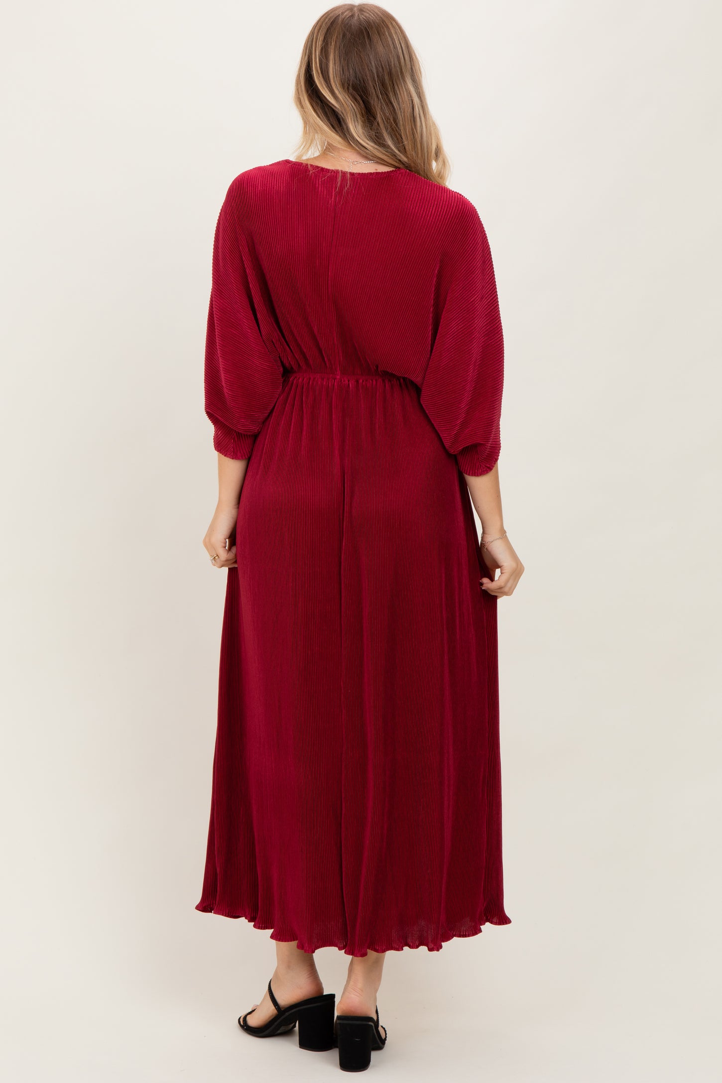 Burgundy Pleated Satin Dolman Sleeve Maxi Dress