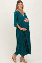 Forest Green Pleated Satin Dolman Sleeve Maternity Maxi Dress