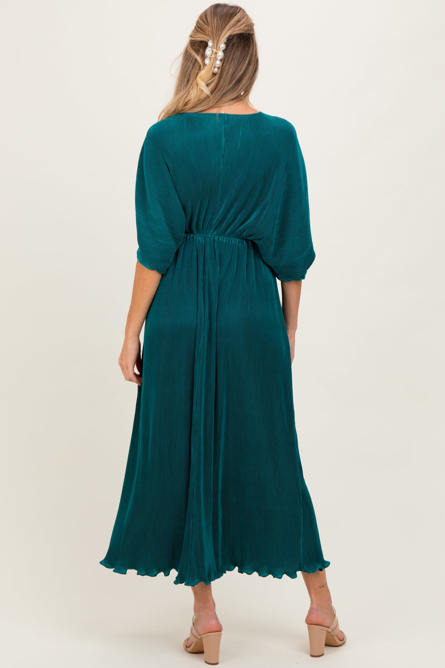 Forest Green Pleated Satin Dolman Sleeve Maternity Maxi Dress