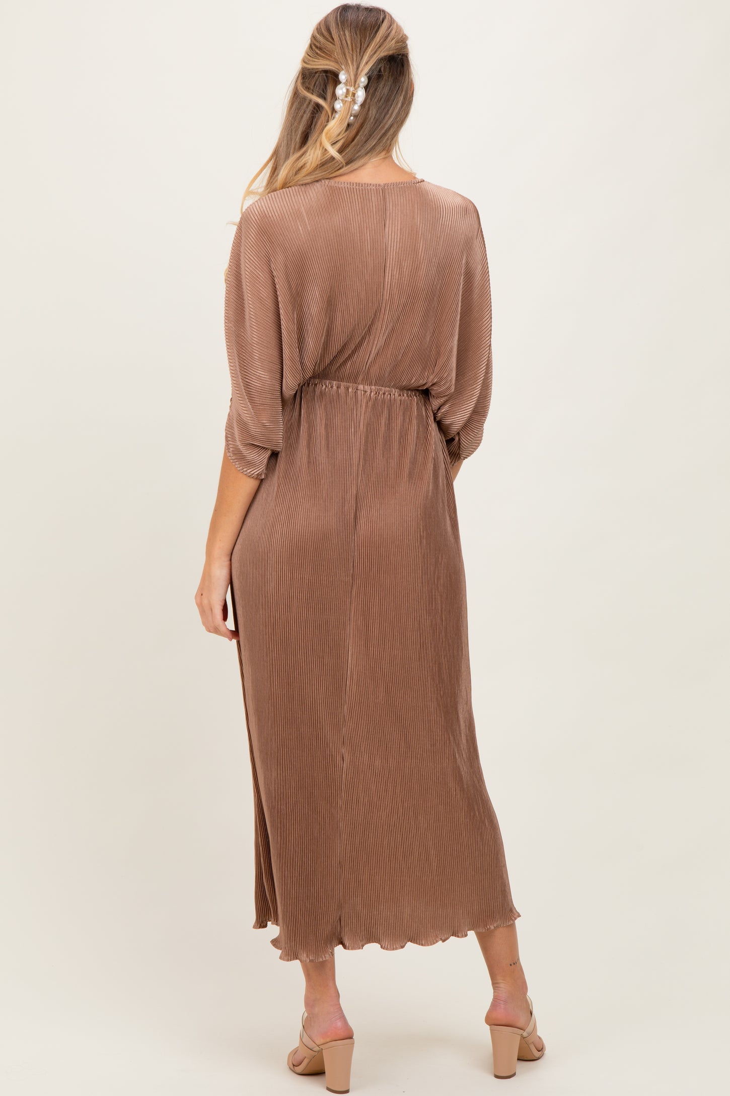 Mocha Pleated Satin Dolman Sleeve Maternity Maxi Dress