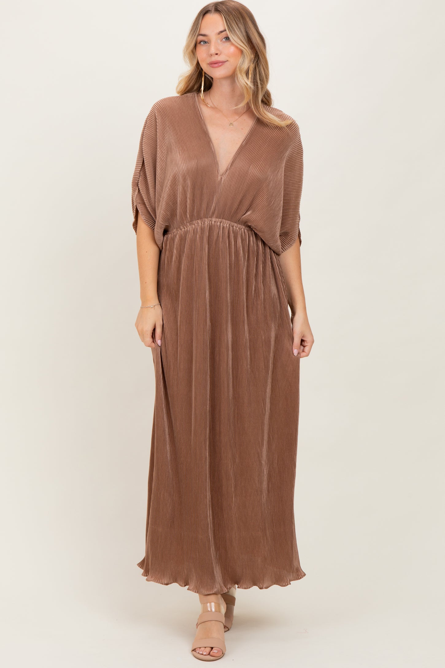 Mocha Pleated Satin Dolman Sleeve Maternity Maxi Dress