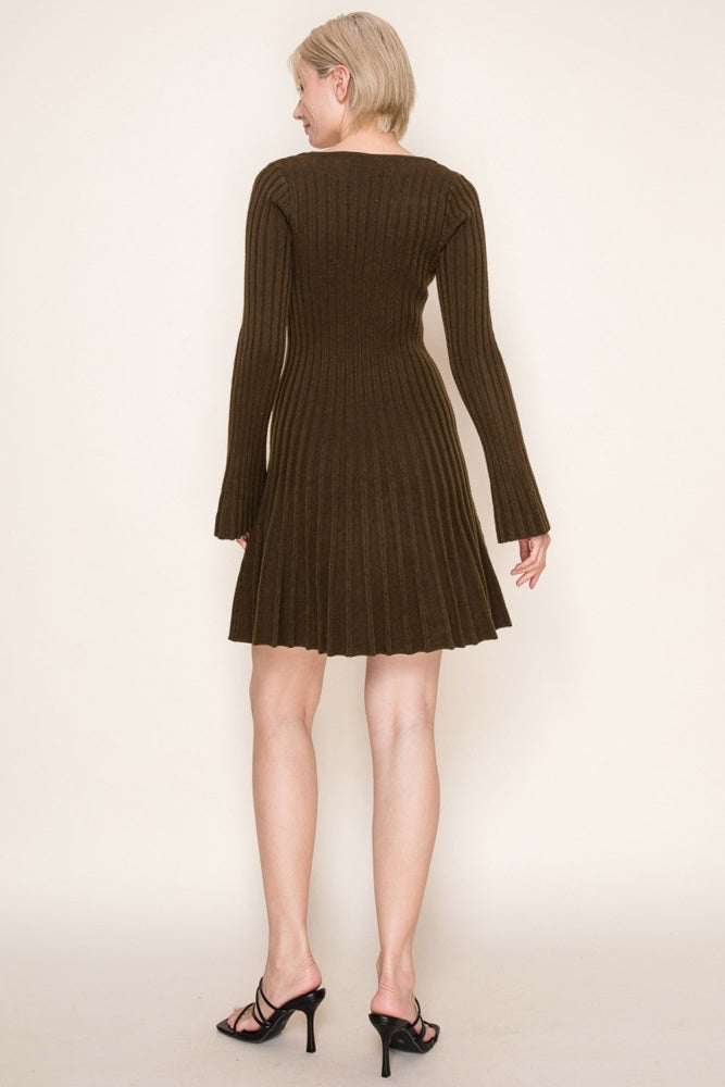 Brown Ribbed Knit Mini Sweater Dress