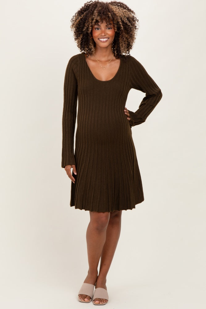 Brown Ribbed Knit Maternity Mini Sweater Dress