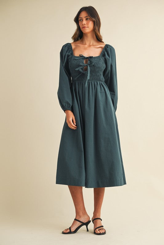 Forest Green Bow Detail Smocked Midi Dress