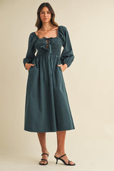 Forest Green Bow Detail Smocked Midi Dress