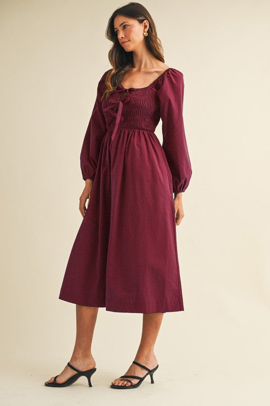 Burgundy Bow Detail Smocked Midi Dress