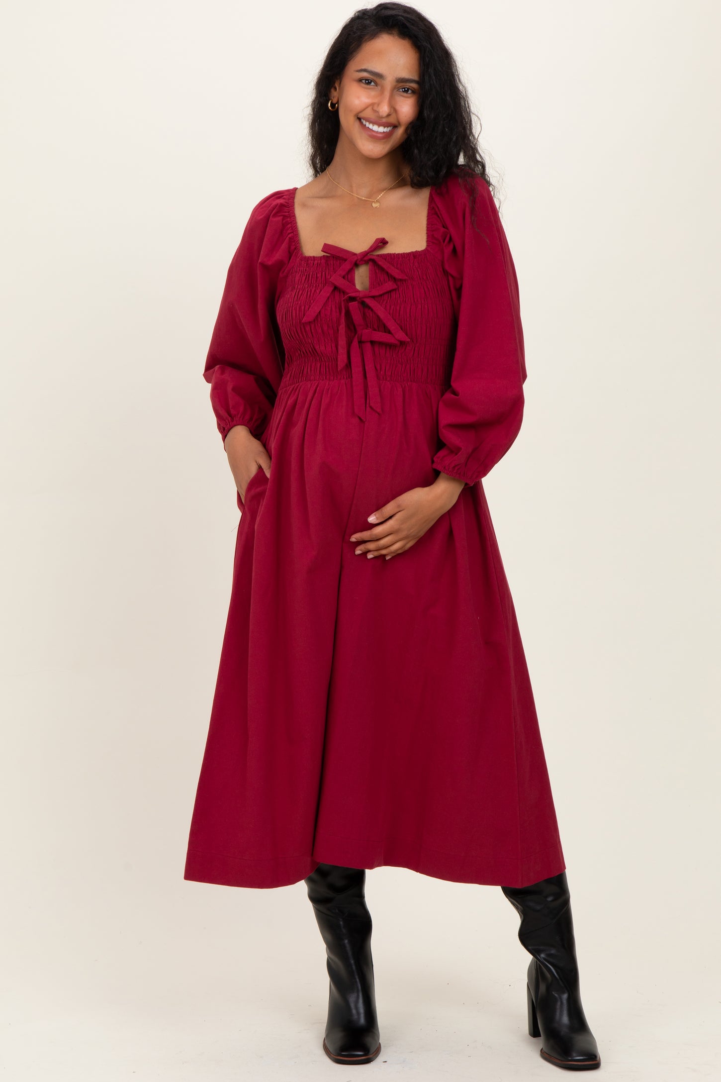 Burgundy Bow Detail Smocked Maternity Midi Dress