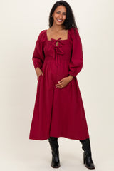 Burgundy Bow Detail Smocked Maternity Midi Dress