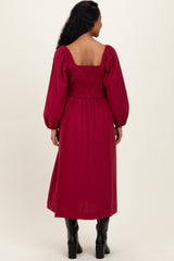 Burgundy Bow Detail Smocked Maternity Midi Dress