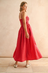 Red Gingham Smocked Ruffle Accent Maxi Dress