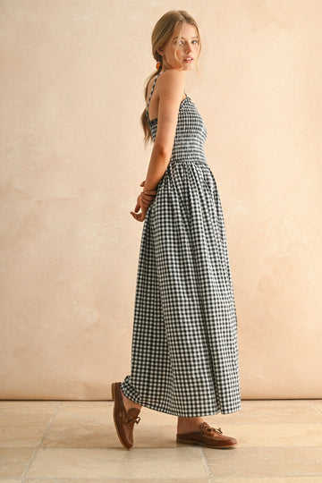 Black Gingham Smocked Ruffle Accent Maxi Dress