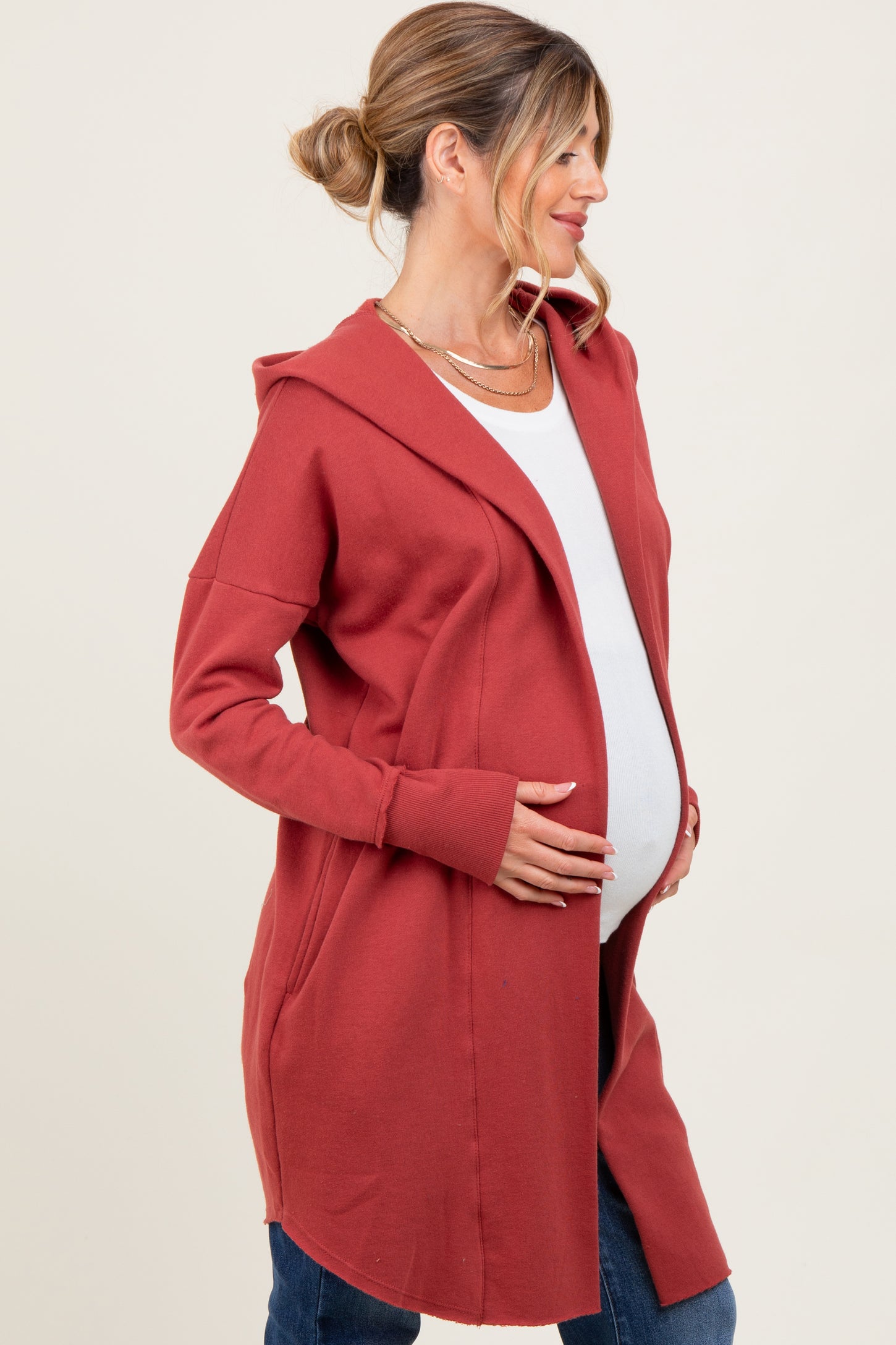Rust Hooded Long Maternity Cardigan