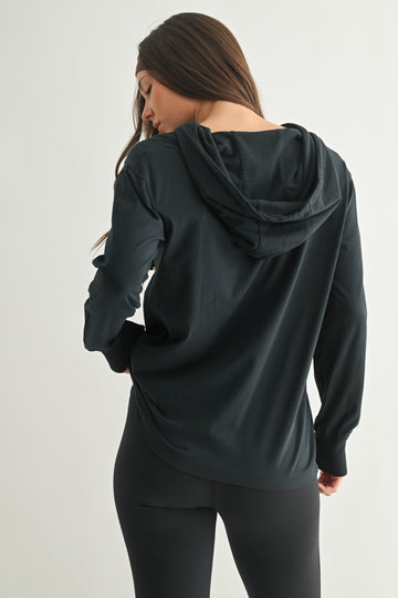Navy Button Up Hooded Long Sleeve Top