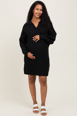 Black Chunky Knit Collared Maternity Sweater Dress