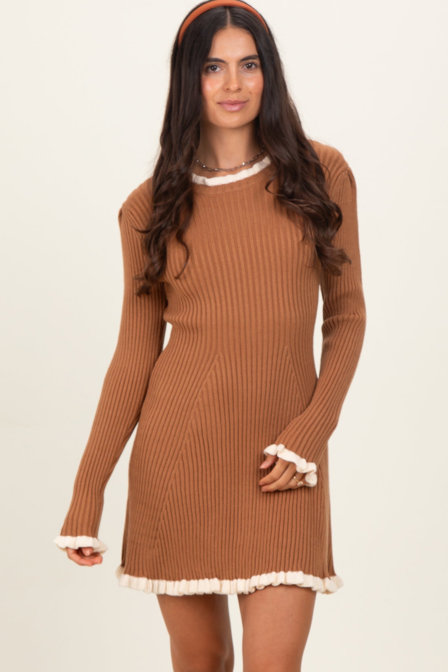 Camel Ribbed Knit Contrast Ruffle Trim Maternity Mini Dress