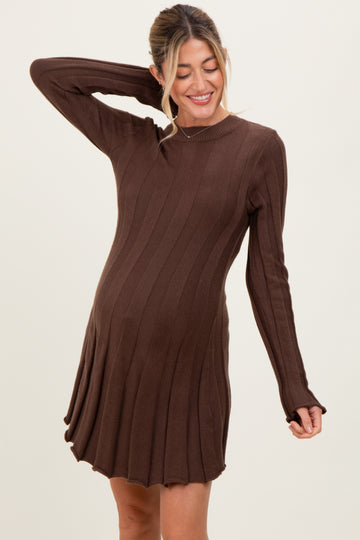 Brown Wide Rib Maternity Mini Sweater Dress