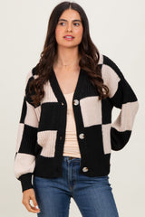Black Checkered Rib Bubble Sleeve Button Maternity Cardigan