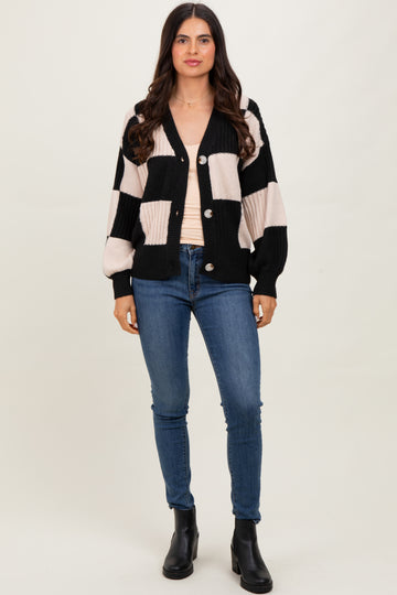 Black Checkered Rib Bubble Sleeve Button Cardigan
