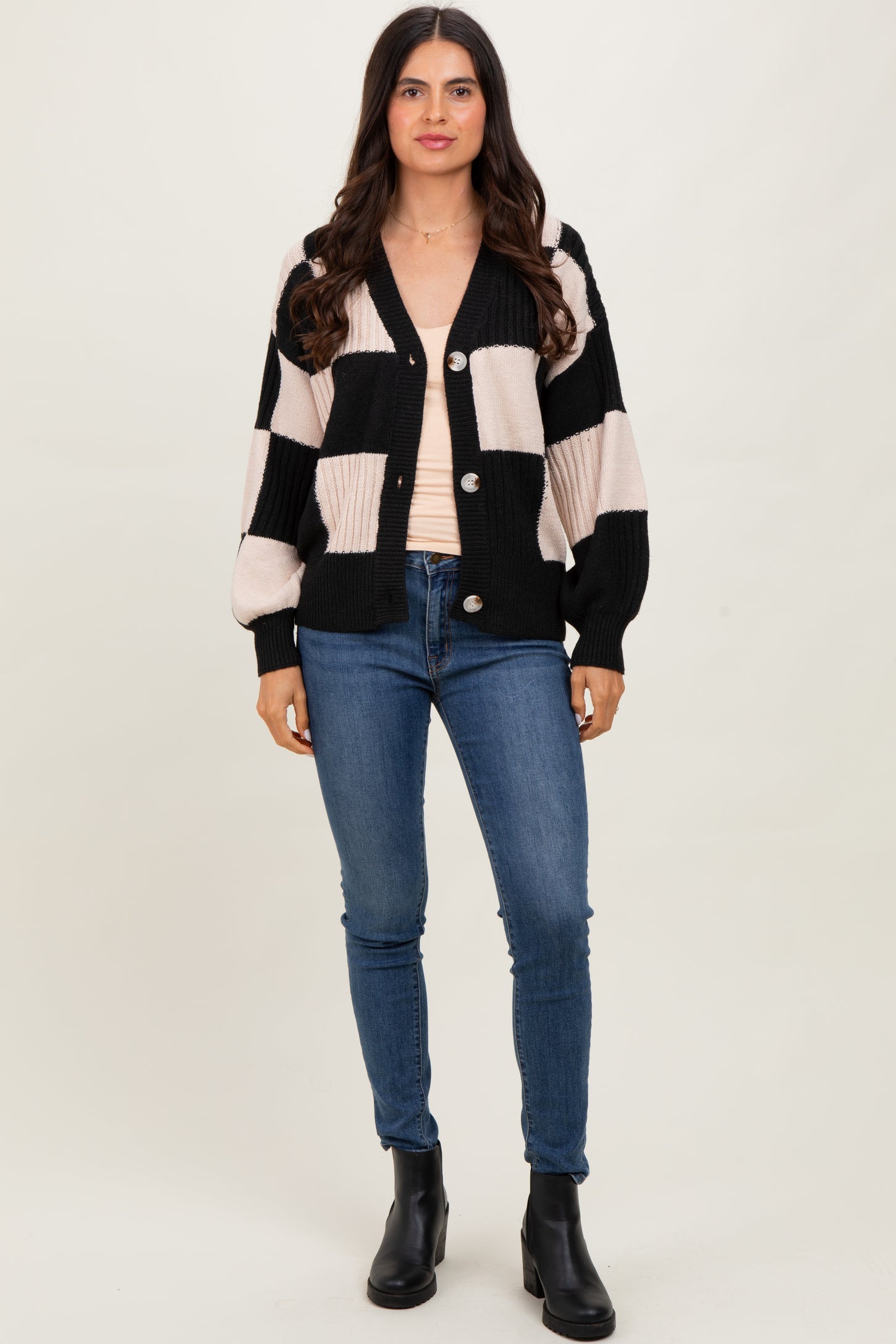 Black Checkered Rib Bubble Sleeve Button Cardigan