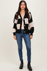 Black Checkered Rib Bubble Sleeve Button Cardigan