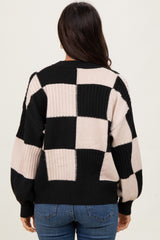 Black Checkered Rib Bubble Sleeve Button Cardigan