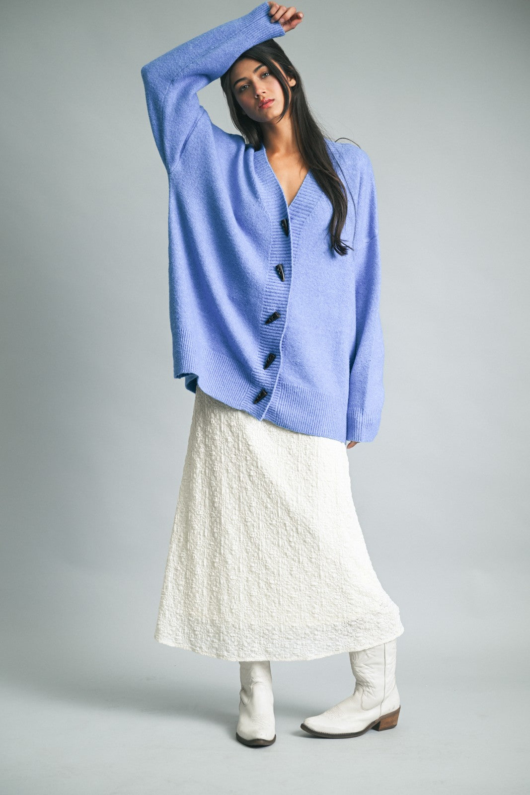 Blue Oversized Maternity Toggle Button Cardigan