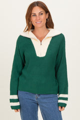 Forest Green Colorblock Chunky Knit Half Zip Maternity Sweater
