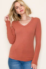 Rust Fine Rib V-Neck Long Sleeve Top