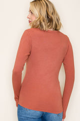 Rust Fine Rib V-Neck Long Sleeve Top
