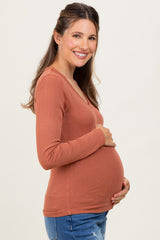 Rust Fine Rib V-Neck Maternity Long Sleeve Top