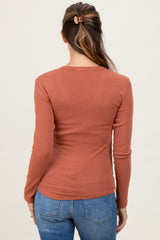 Rust Fine Rib V-Neck Maternity Long Sleeve Top