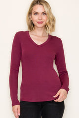 Burgundy Fine Rib V-Neck Long Sleeve Top