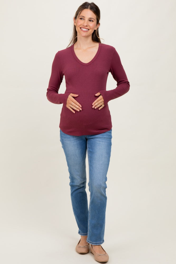 Burgundy Fine Rib V-Neck Maternity Long Sleeve Top