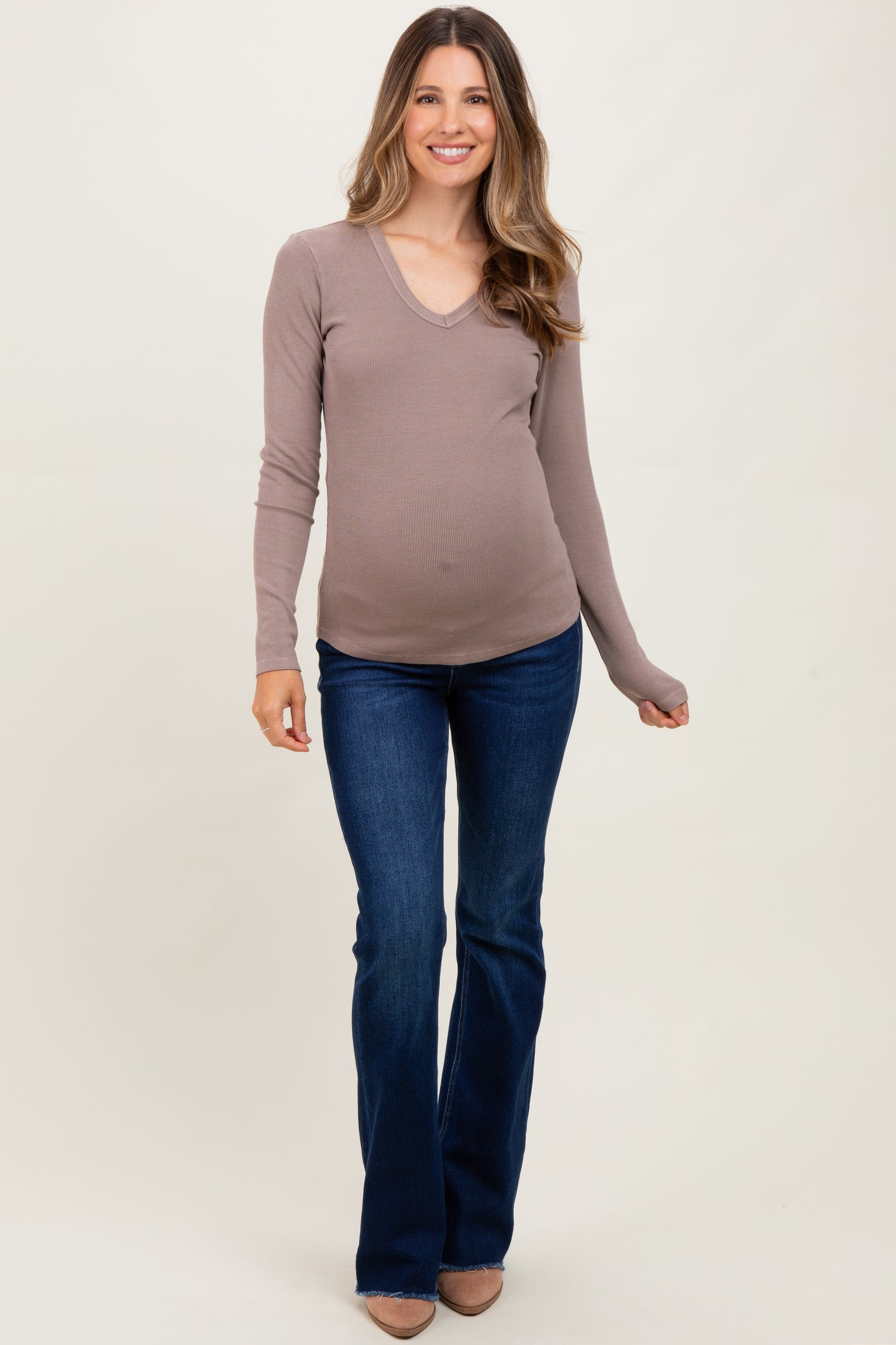 Mocha Fine Rib V-Neck Maternity Long Sleeve Top