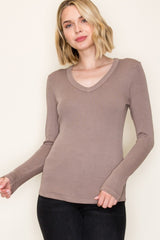 Mocha Fine Rib V-Neck Long Sleeve Top