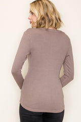 Mocha Fine Rib V-Neck Long Sleeve Top