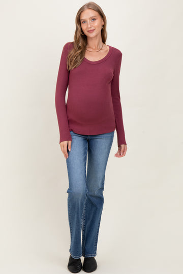 Burgundy Fine Rib Scoop Neck Maternity Long Sleeve Top