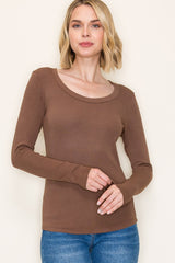 Mocha Fine Rib Scoop Neck Maternity Long Sleeve Top