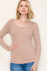 Beige Fine Rib Scoop Neck Long Sleeve Top