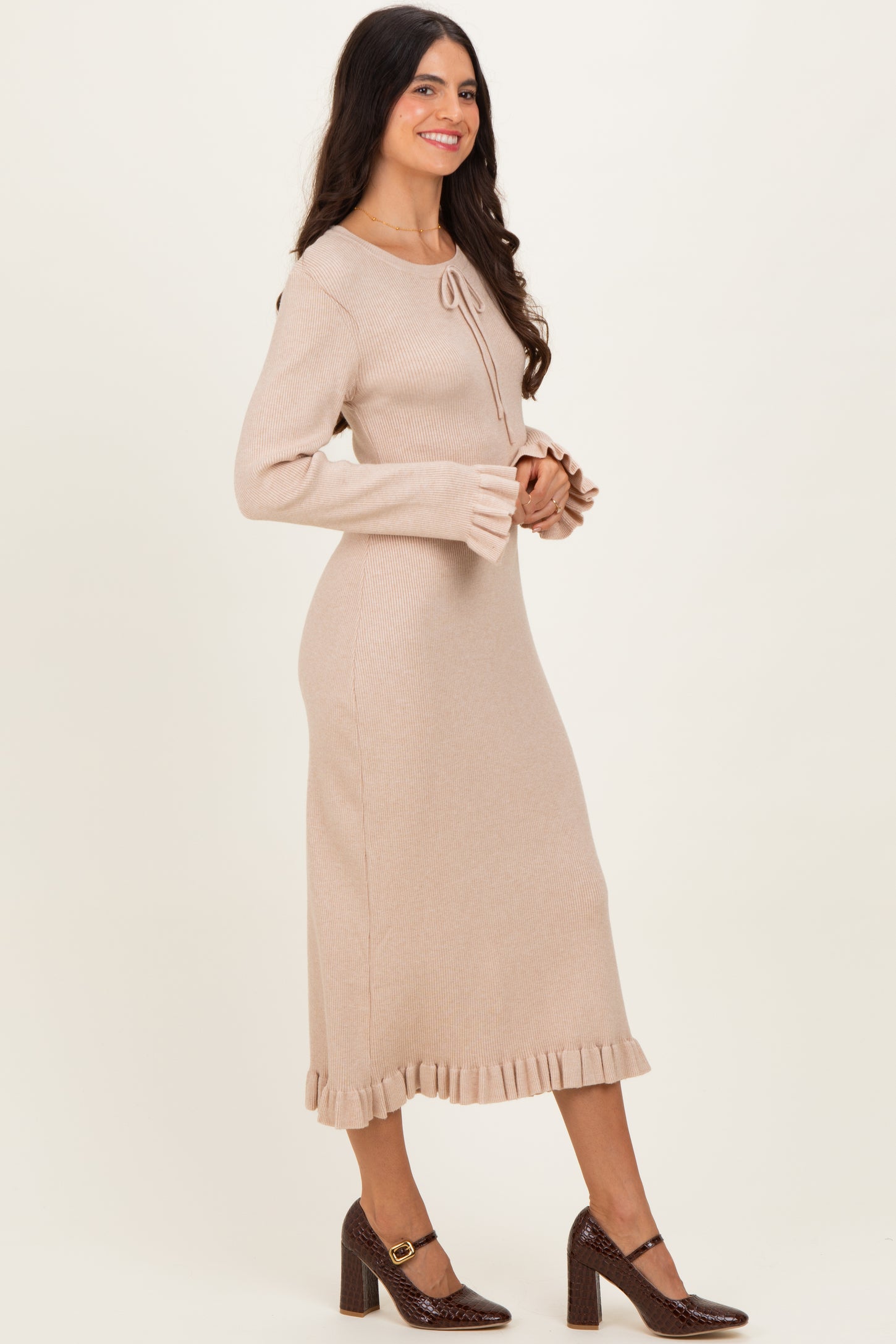 Beige Ribbed Knit Ruffle Trim Midi Sweater Dress