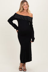 Black Faux Pearl Detail Off Shoulder Maternity Sweater Dress