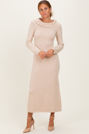 Beige Faux Pearl Detail Off Shoulder Sweater Dress