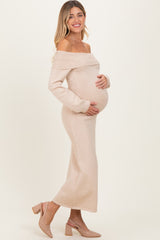 Beige Faux Pearl Detail Off Shoulder Maternity Sweater Dress